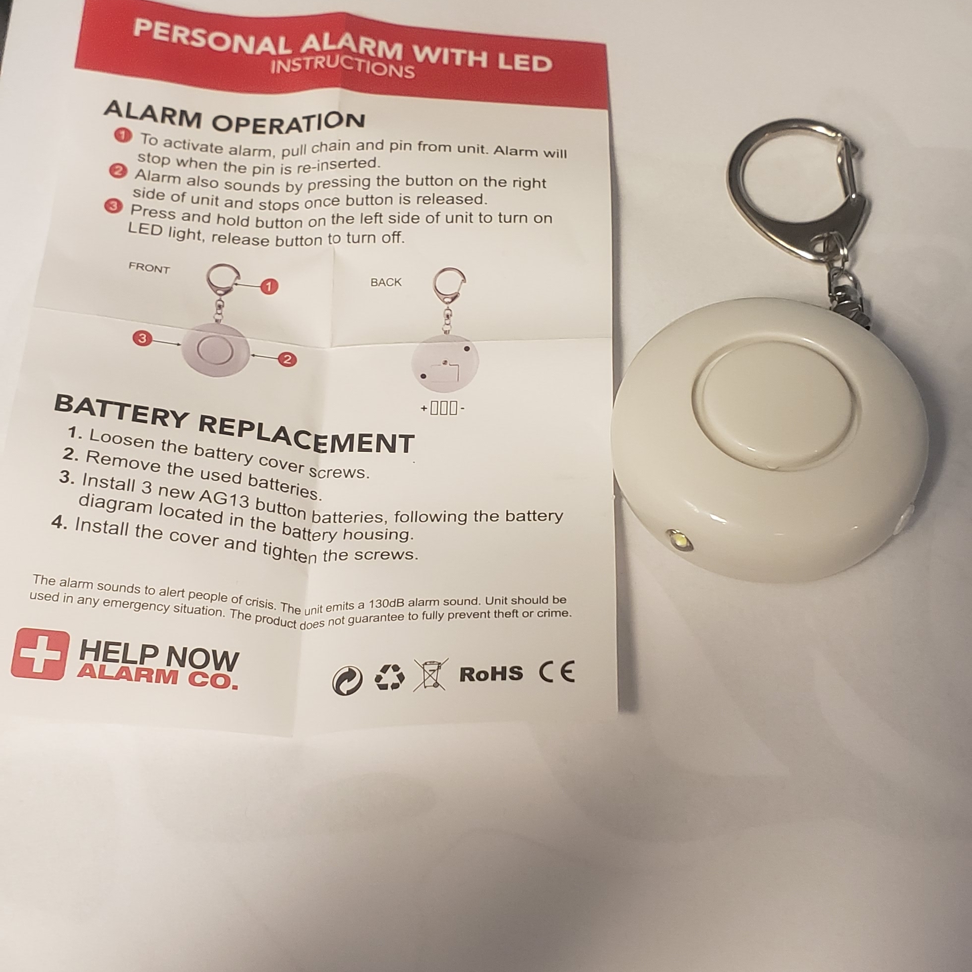 White Personal Alarm With Led Keychain